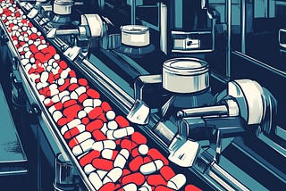 Red and white capsules of medicine roll along a factory assembly line.