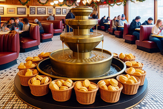 A gravy fountain stands in the middle of a midwestern restaurant