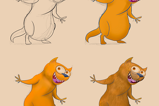 Graphic drawings of an animated rodent-like character by Harry Gold