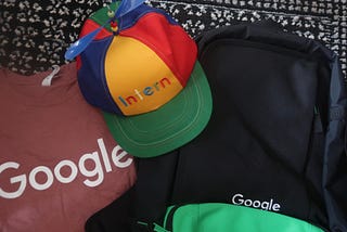 Google swag products, including a cap, t-shirt, and backpack