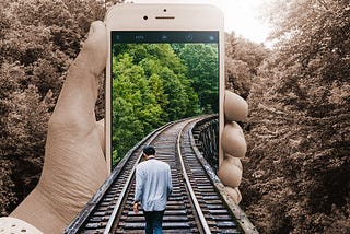 3d rendering of man walking along train track into the 3d world of a phone