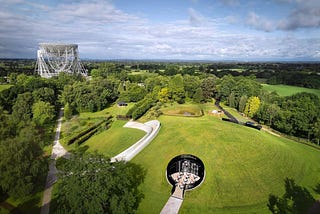 Aerial view of The Lovell Telescope and the entrance to the First Light Pavilion