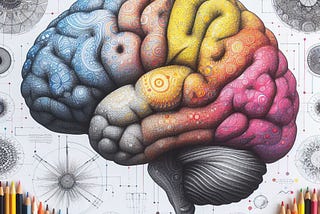 A pencil drawing of a brain done in bright colors