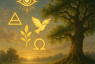 A digital painting of a golden sunset over a peaceful field, where an ancient oak tree stands at the right edge. Glowing symbols hover in the sky and grass: the Eye of Horus, the elemental fire triangle, a sprouting branch, a white dove, and the alchemical symbol for earth. The atmosphere is sacred and calm, suggesting emergence, awareness, and encoded presence.