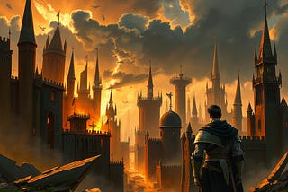 a chaotic fantasy city with towering spires and broken windows, at dawn, a single grizzled male warrior with short black hair and a medieval helmet stands alongside, the first light revealing dark clouds, grimdark mood