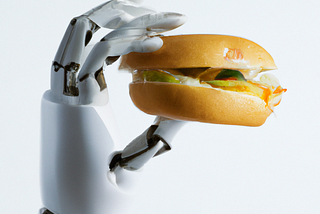 A robotic hand grabbing a burger.