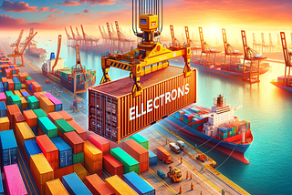 ChatGPT & DALL-E generated panoramic image of a shipping container labeled “Electrons” being craned off of a ship, set in the dynamic environment of a busy port.