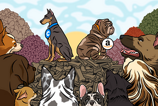 An illustration of a pack of dogs surrounding and growling at two dogs. One dog is a doberman wearing a collar with the Chewy logo, the other dog is a bulldog wearing a collar with the Amazon logo. The two dogs are sitting on top of a mountain of dog treats.