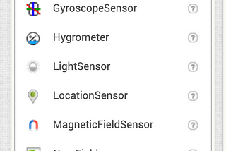 Screenshot of the list of sensors available on MIT App inventor