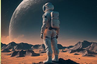 an astronaut looks out over an alien planet
