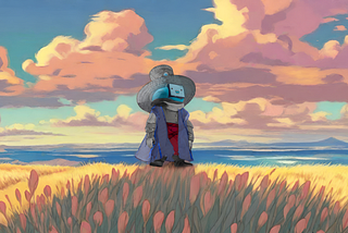 The wizard Jeff stands in a field of flowers. A beautiful daylit sky with pink and purple clouds is above him, and he looks very happy indeed.