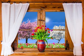 Window scene of floral landscape.