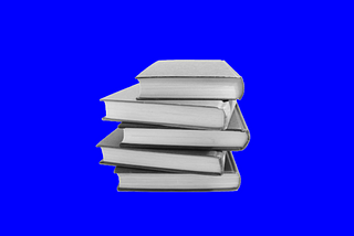 Grey-scale image showing 5 stacked books against a briht blue background.