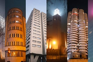 Brutalism and Modernism on a foggy winter night in Katowice