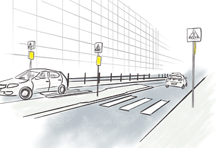 A view of the crossing from another angle: this illustration makes clear that the first sign is also obstructed when approaching the crossing.