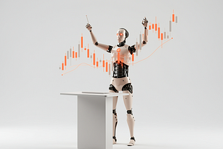 Robot conducting stock market charts, symbolising AI’s growing influence over the S&P 500 and investor sentiment.