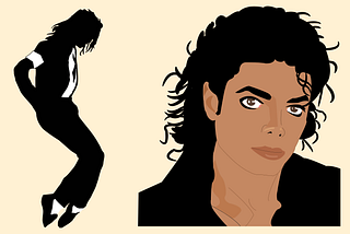 Illustrations of Michael Jackson: one with him dancing and one with his portrait