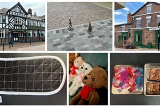 A collage of six photos. Two of buildings in Northwich, Cheshire. One with a pair of ducks in the street.An oven glove. A row of small teddy bears. A tin containing four chocolate brownies.