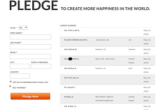 Screenshot of trolls taking advantage of happinessday.org’s pledge feature.