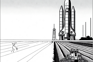 First-person perspective with the horizon line in the background. On the left, a man works in the field with a rake. On the right, a NASA space shuttle rocket stands in the distance on a takeoff pad with two nuclear power cooling towers.
