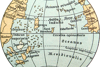 A reproduction of a pre-columbian map by Martin Behaim. There is an ocean between Europe and India. America is missing, as it had not yet been discovered.