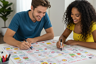 A man and a woman updating their quest board.