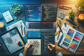 A photo showing two workspaces side by side, one of a designer with drawing tools and color palettes, and the other of an engineer with coding screens