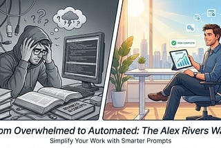 Comparison of a stressed student taking a prompt engineering course versus a relaxed business owner using expert AI prompts.