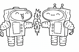 Two robots smiling and happy while joining hands.