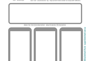 An A4 format sheet with cells laid out for the apps title, store, description and main screens, and any notes.