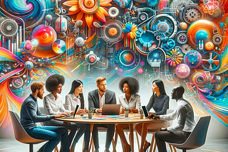 A diverse team, including an African female engineer, a Caucasian male tech entrepreneur, and a South Asian female scientist, energetically discusses technological innovations in a colorful and vibrant meeting room adorned with abstract art and high-tech gadgets.