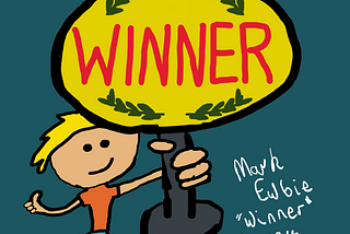 Winner shows a victory celebration with the winning trophy being held high. Fun design to celebrate winners and winning!