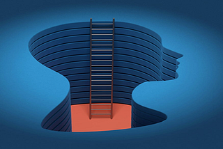Abstract blue illustration of a human head-shaped cutout forming a deep layered pit, with a ladder descending into the center toward a red base.