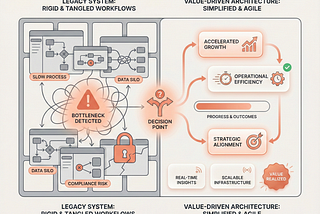 Legacy modernization strategy showing value-driven architecture versus outdated enterprise systems, highlighting why legacy modernization fails due to poor business thinking rather than technology limitations.