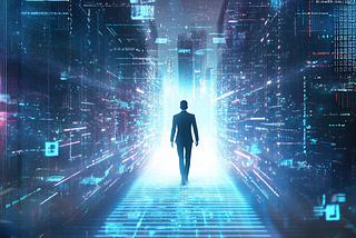 A professional job seeker walking confidently across a glowing digital resume bridge made of light and code, guided by a friendly AI assistant (represented as a soft glowing figure made of circuits and data streams). The background blends a modern office skyline with abstract digital patterns, symbolizing the merging of technology and career growth. Use a futuristic yet human-centered aesthetic, with cool blue and white tones, emphasizing clarity, progress, and empowerment.
