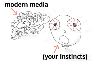 Modern media burps stories. Foreground:  a blood-shot eyed stick figure freaks out (your instincts).