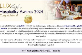 TravelFun.Biz wins “Best Boutique Host Agency 2024 — Florida” ~ LUXLife Magazine