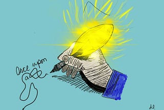 an illustration of a hand using an illuminated light bulb like a pen