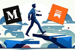 Minimalist image of a man stepping from a low platform to a higher platform. On the left the Medium.com logo, on the right the Substack.com logo.