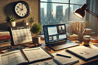 A photorealistic scene representing personal growth through dedication and prioritization in a modern lifestyle. The image shows a cluttered desk.