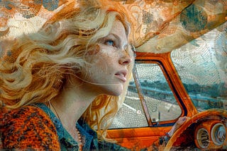 Head and shoulders of blonde young woman looking into the distance while driving on a highway.
