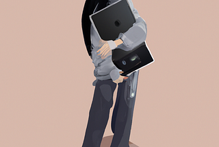 Illustration of a girl holding her laptop in front of her, hugging it as a person