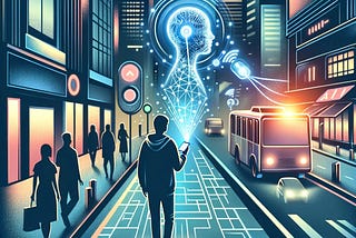 IMAGE: A person walking down a street aided by a personal AI voice assistant. The scene captures the individual interacting with a futuristic AI interface, enhancing their navigation and decision-making in a busy urban setting