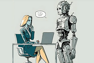 A robot looks at a woman dressed in smart business dress sat at a desk with a laptop and hot drink. There is a speech bubble between them but there is no visible text in it.