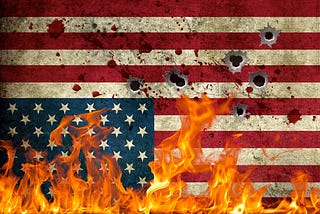 American Flag in distress, with flames, bullet holes and blood splatter.