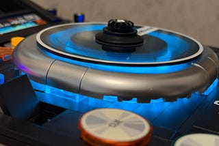 A cool closeup shot of the Pantasy DJ Player’s jog wheel all lit up.