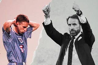 A colour photograph of a devastated young Gareth Southgate on the left, after famously missing a penalty against Denmark in 1996. On the right is a photo of Gareth Southgate in a suit in 2021, celebrating a win as England’s manager.