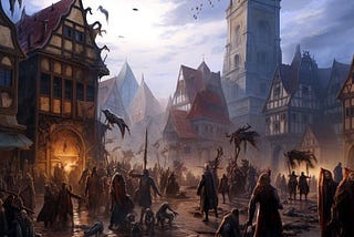 A medieval town with many restless people, some of them lying dead on the ground