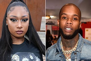 Megan Thee Stallion (left), female rapper is shot by Tory Lanez (right) male rapper after party organized by Kylie Jenner.