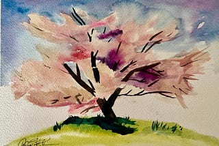 Watercolor painting of pink flowering tree on a grassy knoll under blue skies.